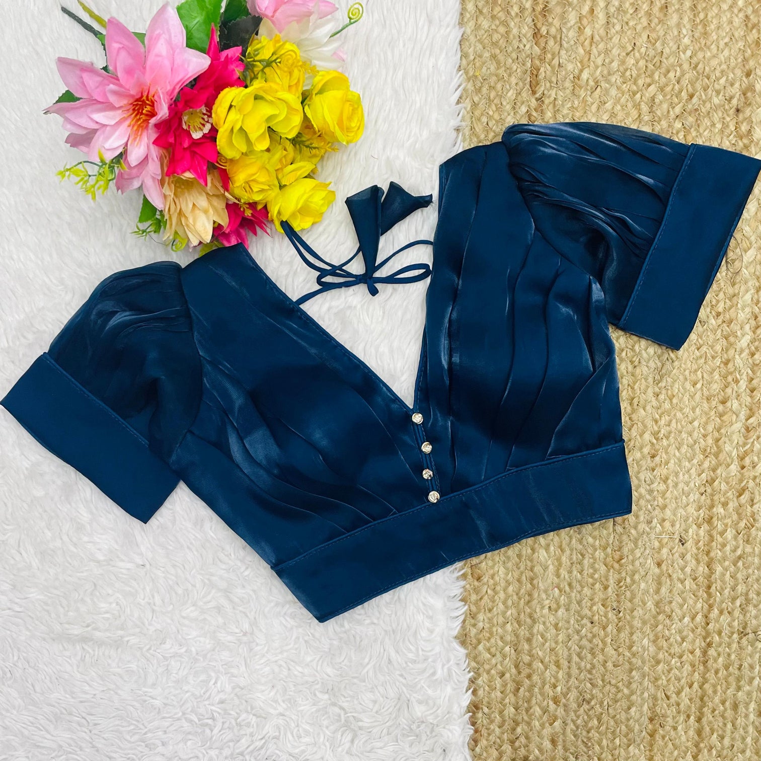Navy Blue Glamorous Ruffled Metallic Blouse