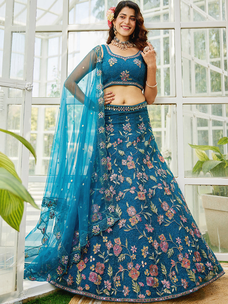Navy Blue Gorgeous Net Lehenga Choli Set with Heavy Sequins and Thread Embroidery