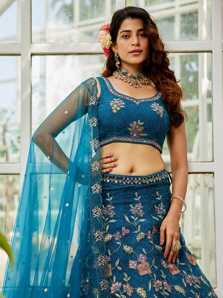 Navy Blue Gorgeous Net Lehenga Choli Set with Heavy Sequins and Thread Embroidery