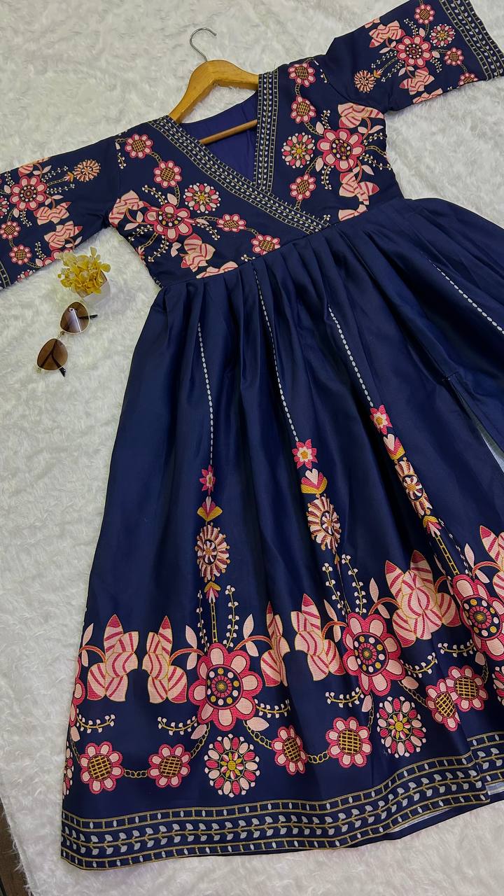 Navy Blue Heavy Cotton Slub Silk Dress with Digital Print Work