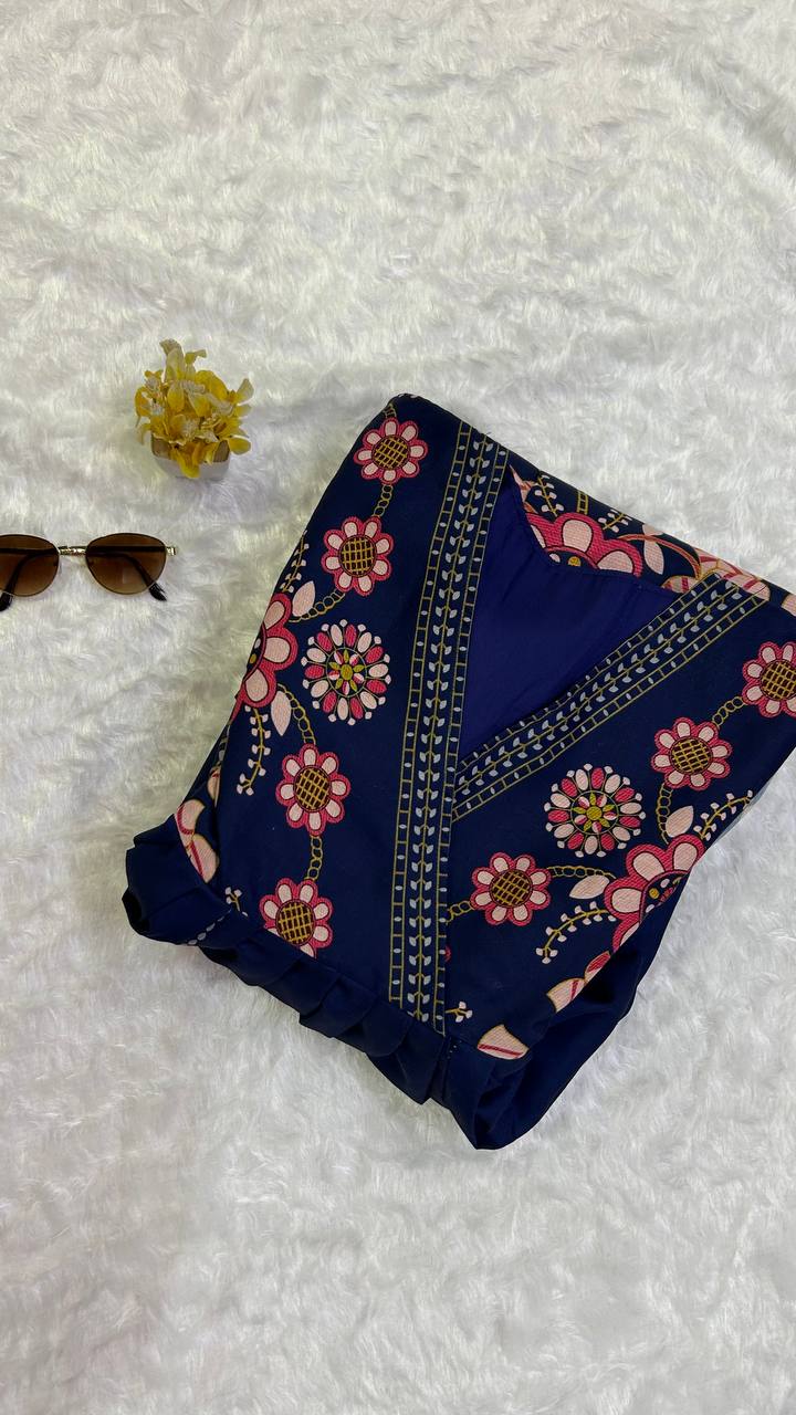 Navy Blue Heavy Cotton Slub Silk Dress with Digital Print Work