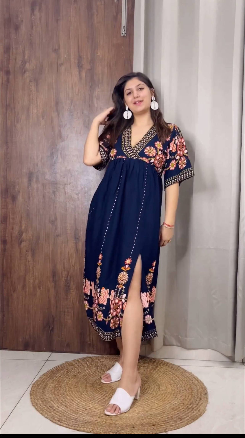 Navy Blue Heavy Cotton Slub Silk Dress with Digital Print Work