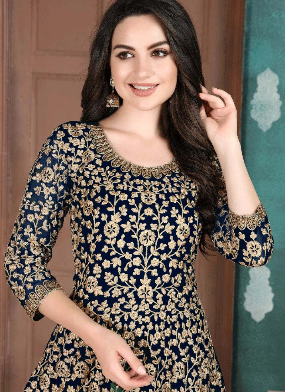 Navy blue heavy embroidered anarkali salwar suit