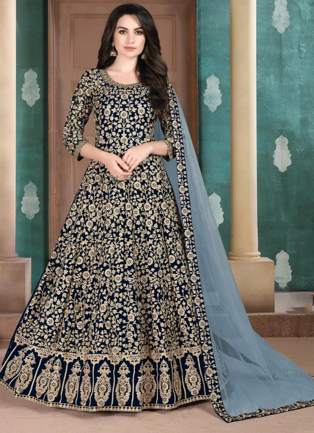 Navy blue heavy embroidered anarkali salwar suit