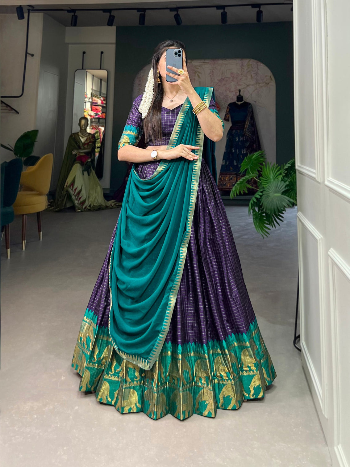Navy Blue Kalyani Cotton Lehenga Choli Set with Flowy Georgette Dupatta for Timeless Elegance