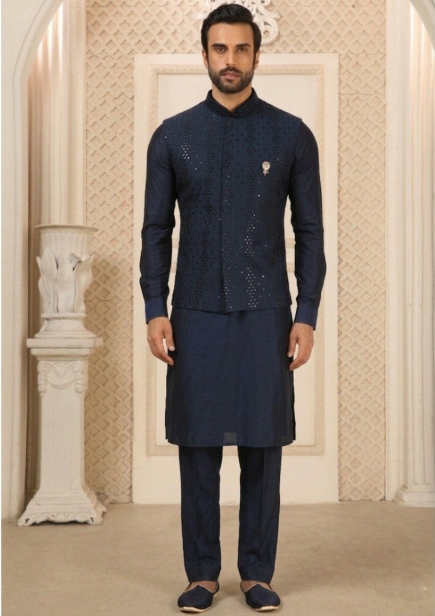 Navy Blue Kurta Pant Set With Jacket