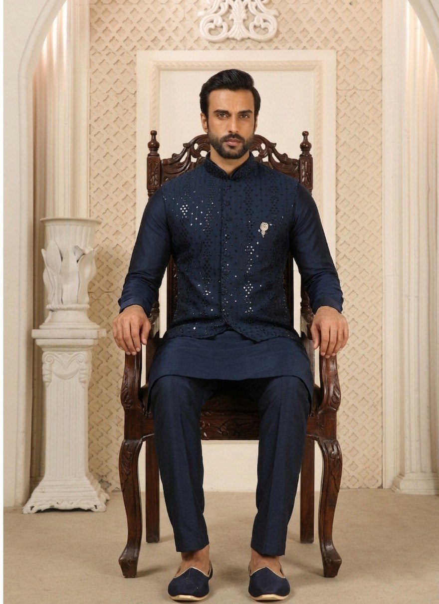 Navy Blue Kurta Pant Set With Jacket