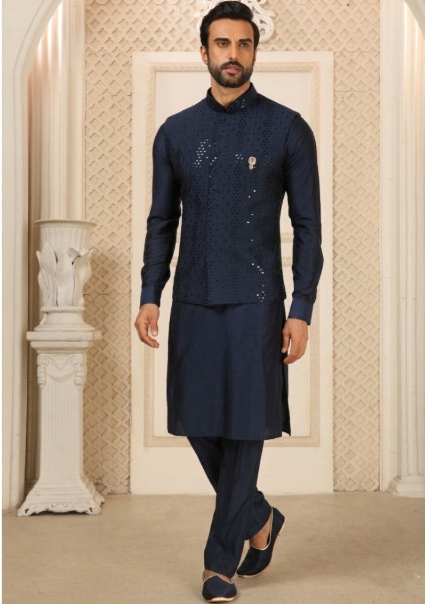 Navy Blue Kurta Pant Set With Jacket