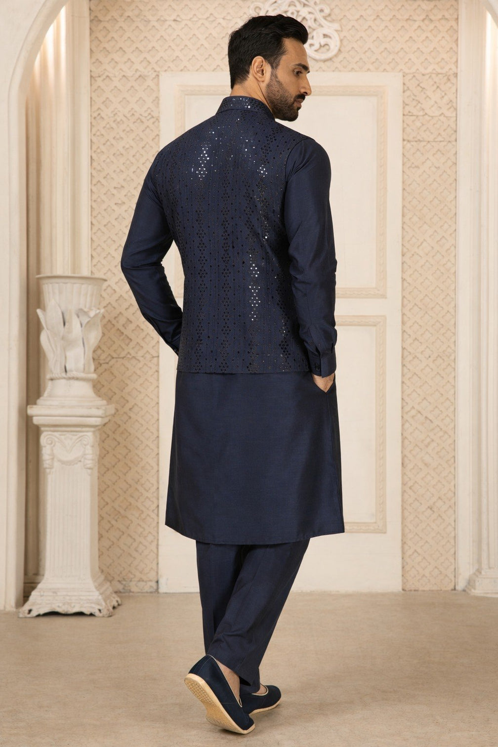 Navy Blue Kurta Pant Set With Jacket