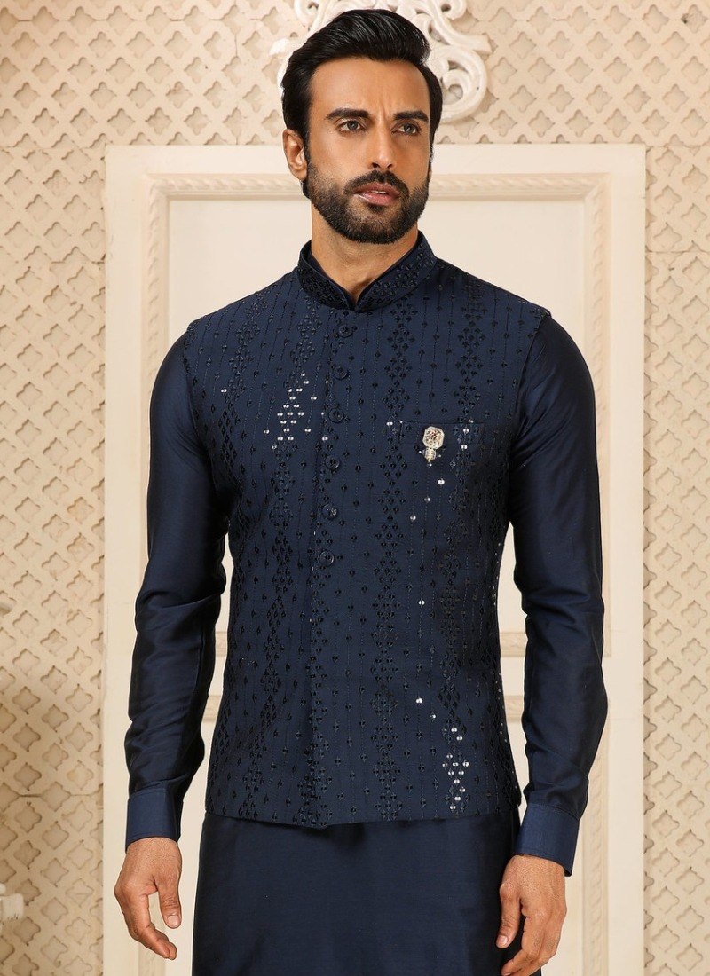 Navy Blue Kurta Pant Set With Jacket