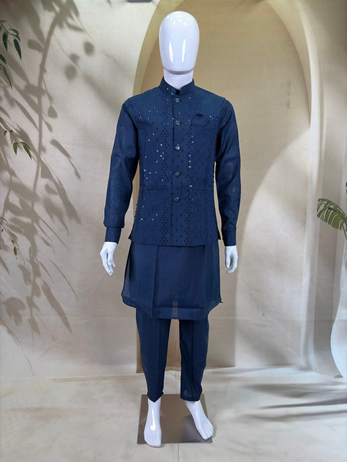 Navy Blue Kurta Pant Set With Jacket
