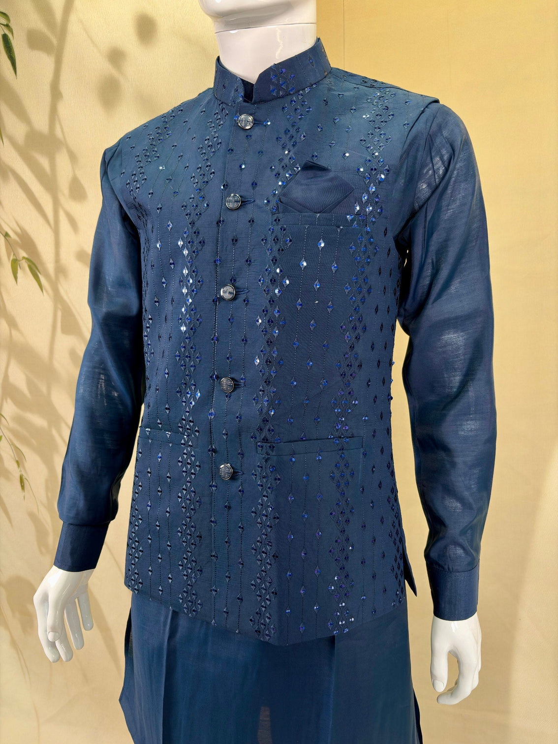 Navy Blue Kurta Pant Set With Jacket