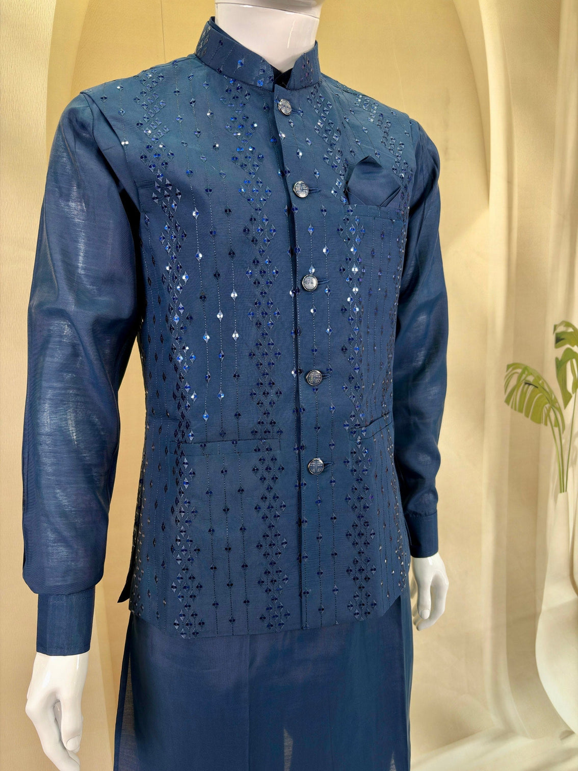 Navy Blue Kurta Pant Set With Jacket