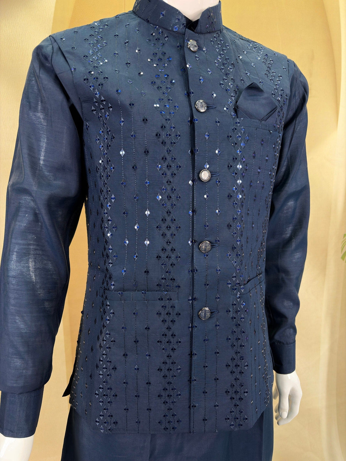 Navy Blue Kurta Pant Set With Jacket