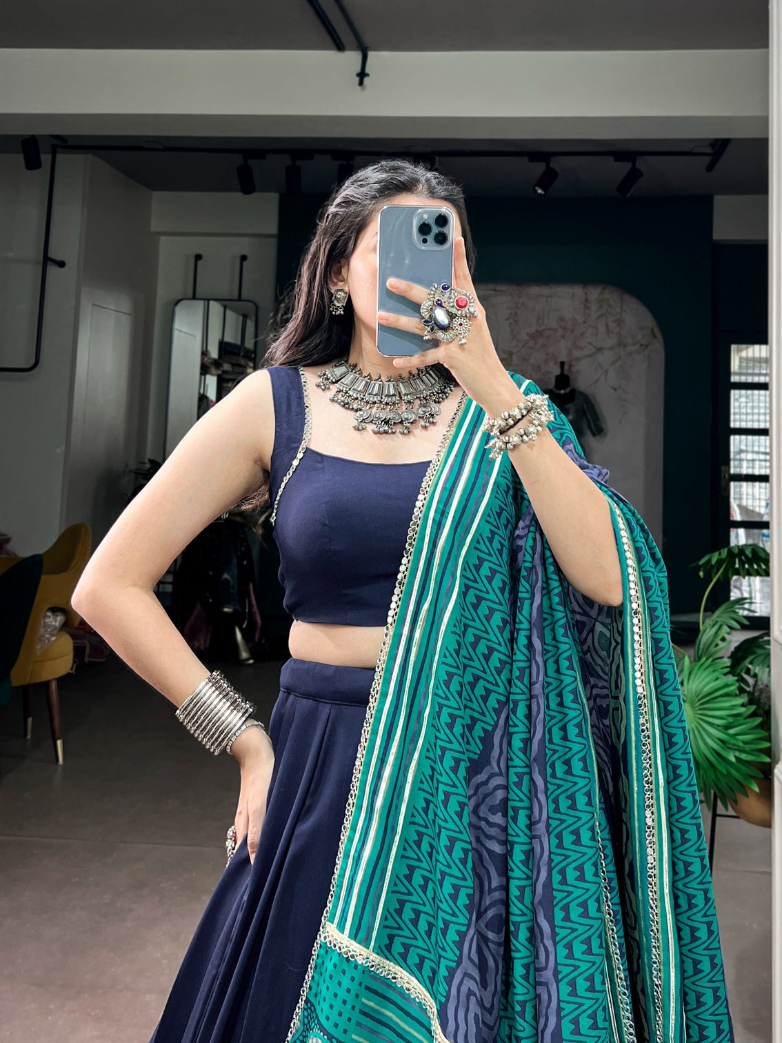 Navy Blue Lehenga Choli with Mirror Work