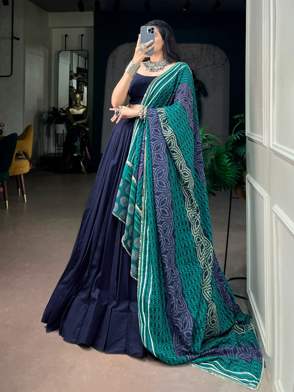 Navy Blue Lehenga Choli with Mirror Work