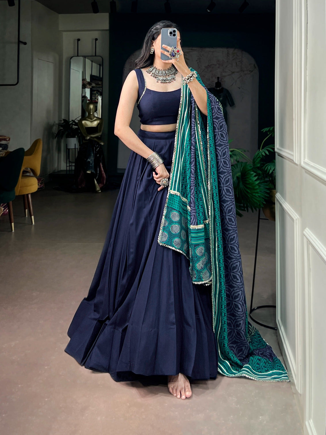 Navy Blue Lehenga Choli with Mirror Work