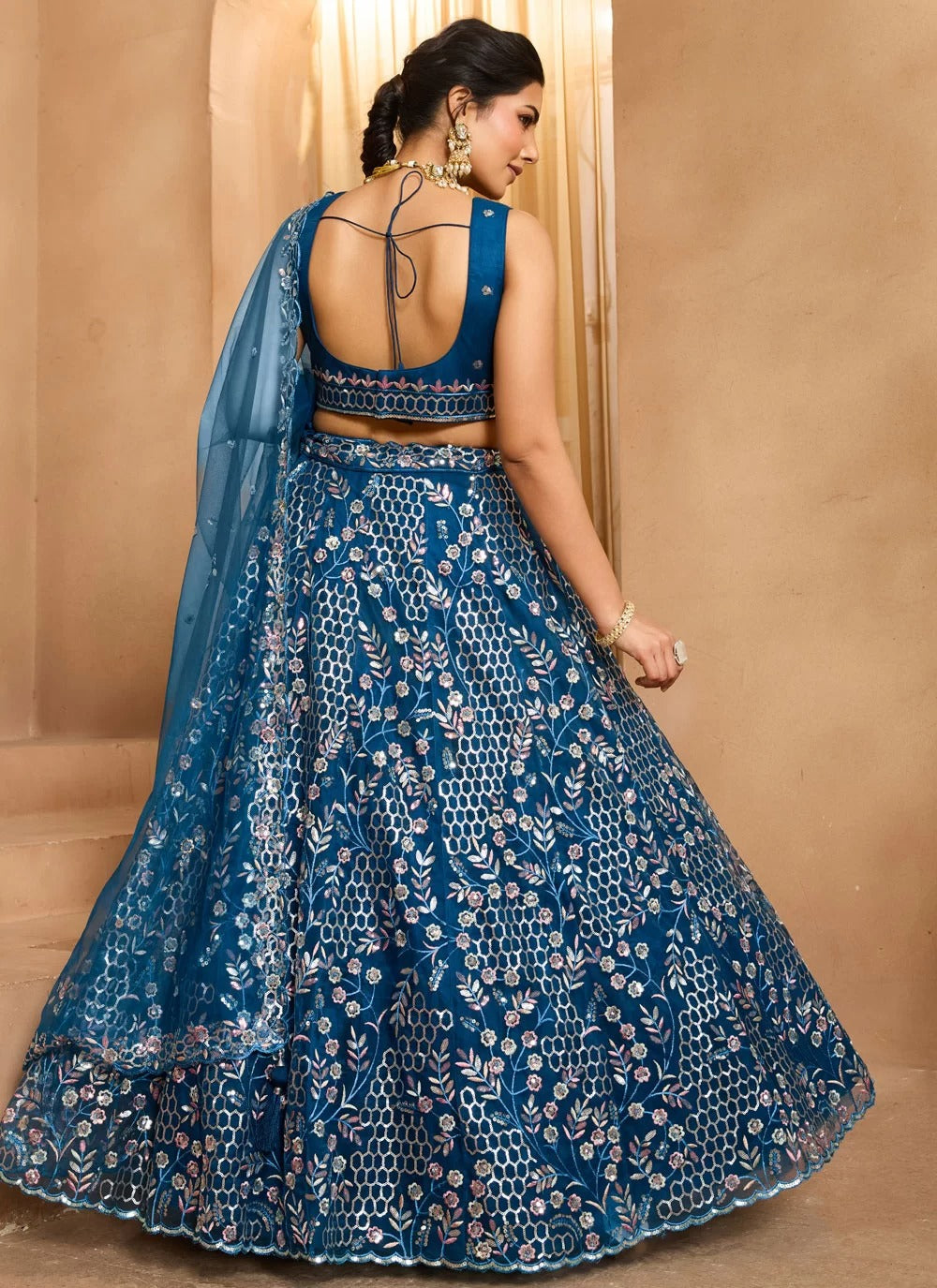 Navy blue net lehenga choli for cocktail nights sangeet evening functions