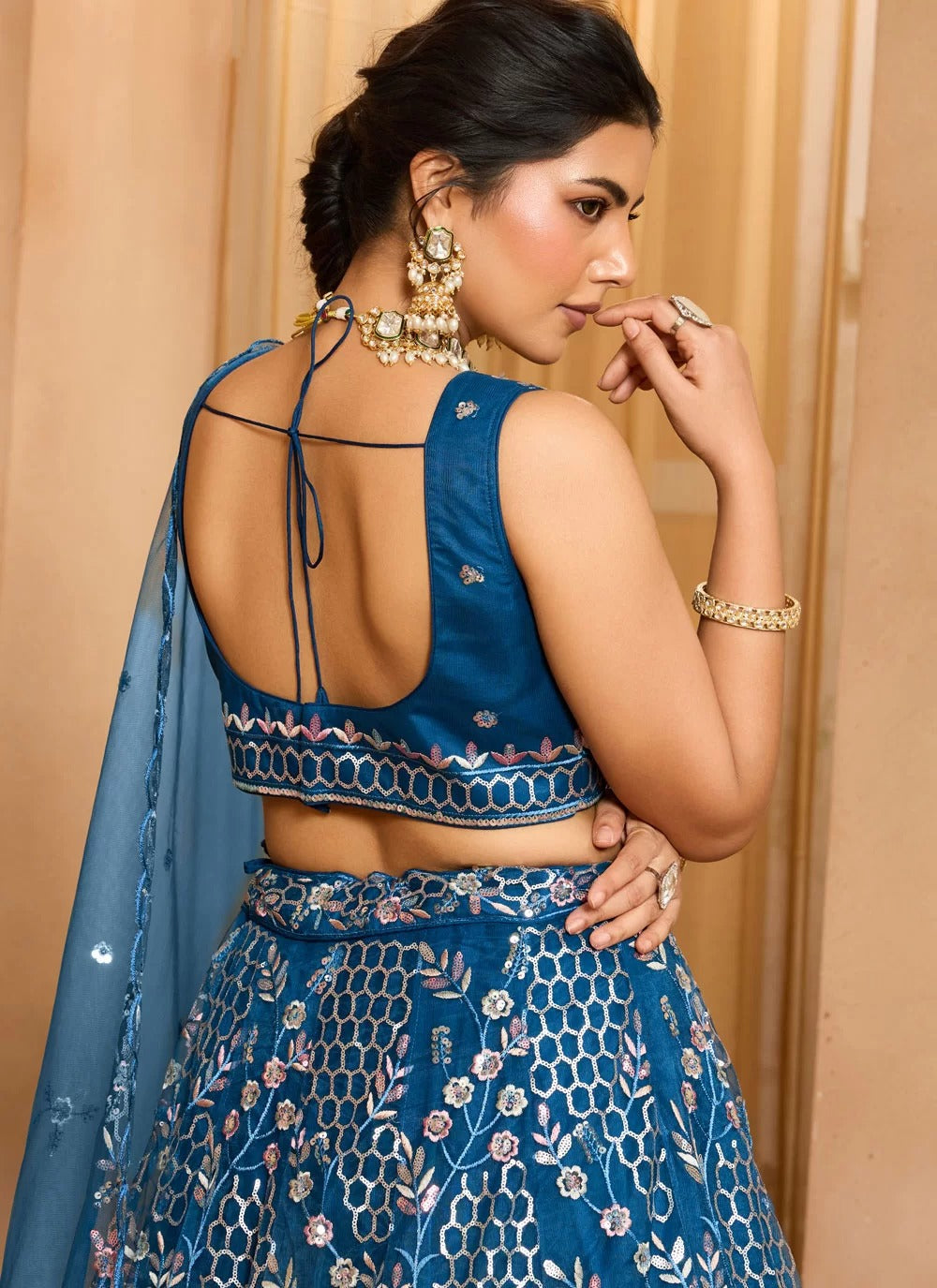 Navy blue net lehenga choli for cocktail nights sangeet evening functions