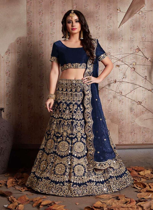 Navy Blue Machine Embroidery Lehenga Choli With Mirror Work