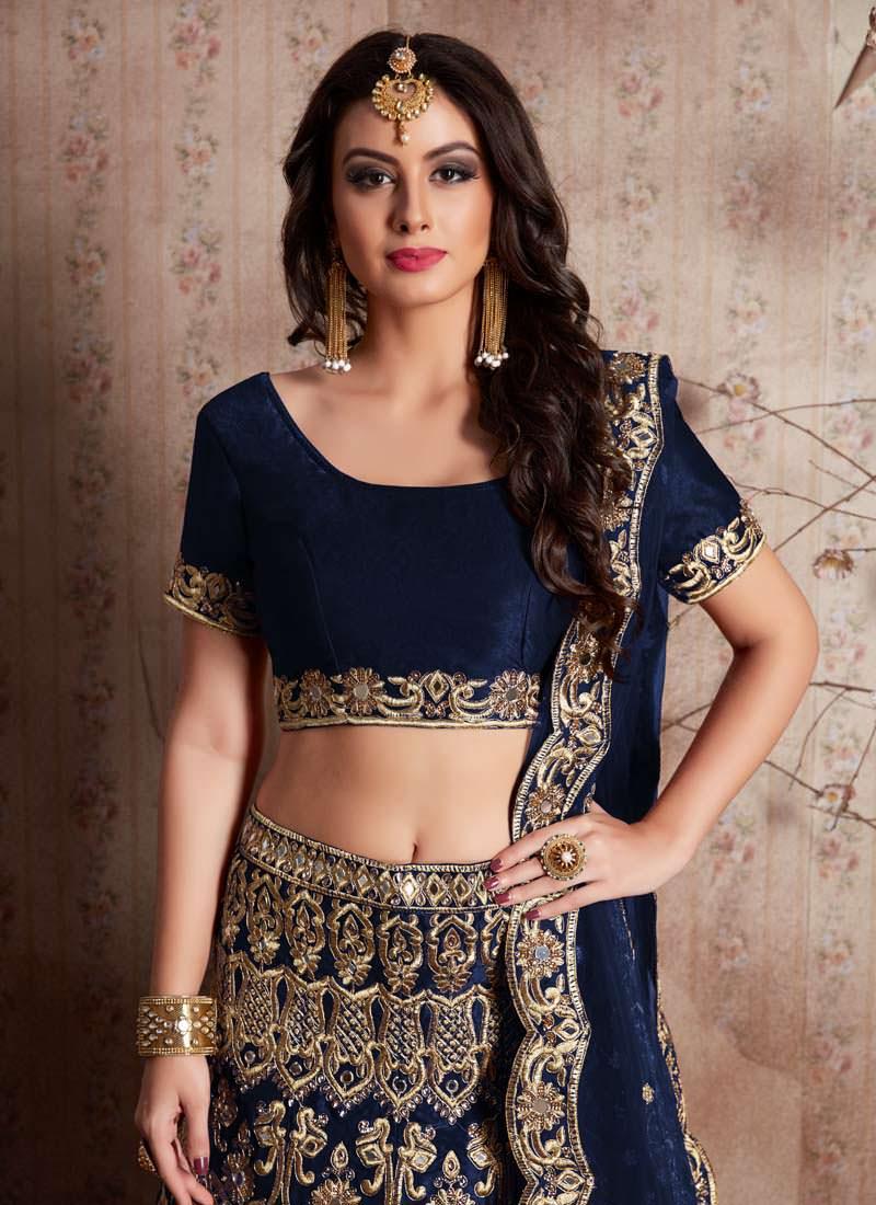 Navy Blue Machine Embroidery Lehenga Choli With Mirror Work