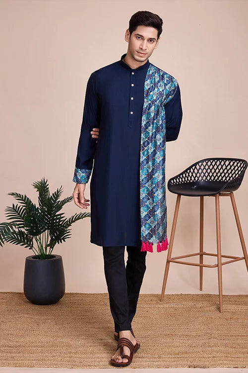 Navy Blue Men's Designer Kurta - Latest Festival Collection