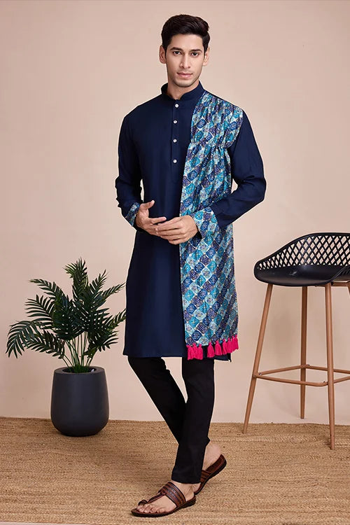 Navy Blue Men's Designer Kurta - Latest Festival Collection