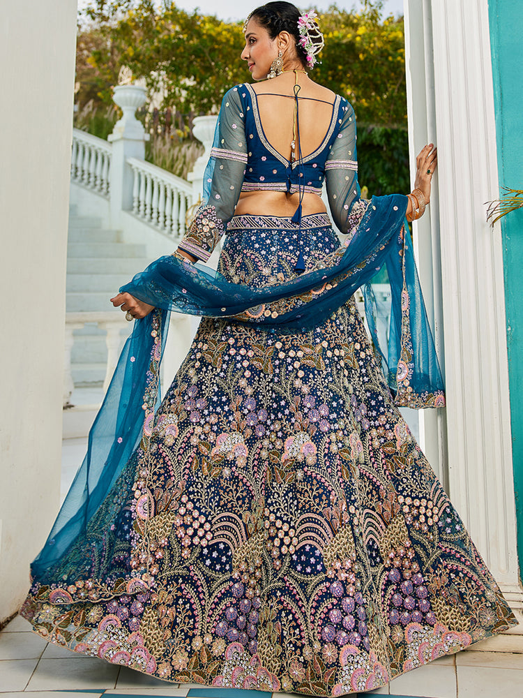 Navy Blue Multi-Color Sequin Embroidered Net Lehenga Choli Dupatta Set