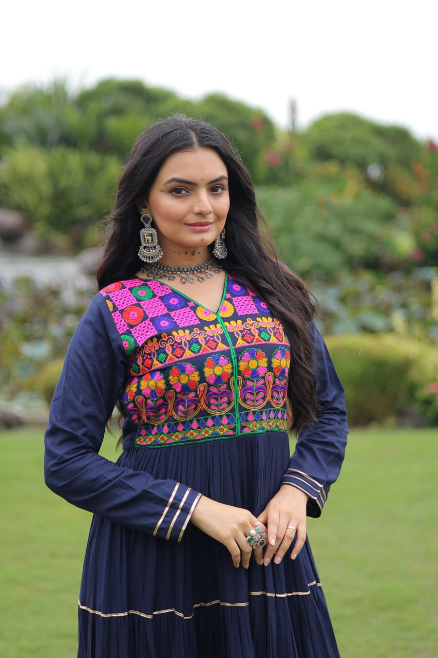 Navy Blue Navratri Special 14 Kg Reyon Gown with Kutchi Gamthi & Mirror Hand Work – 4-Layer Frill, 10+ Meter Flair