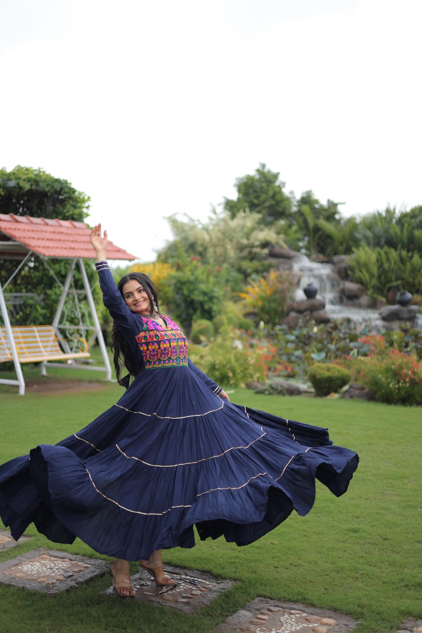Navy Blue Navratri Special 14 Kg Reyon Gown with Kutchi Gamthi & Mirror Hand Work – 4-Layer Frill, 10+ Meter Flair