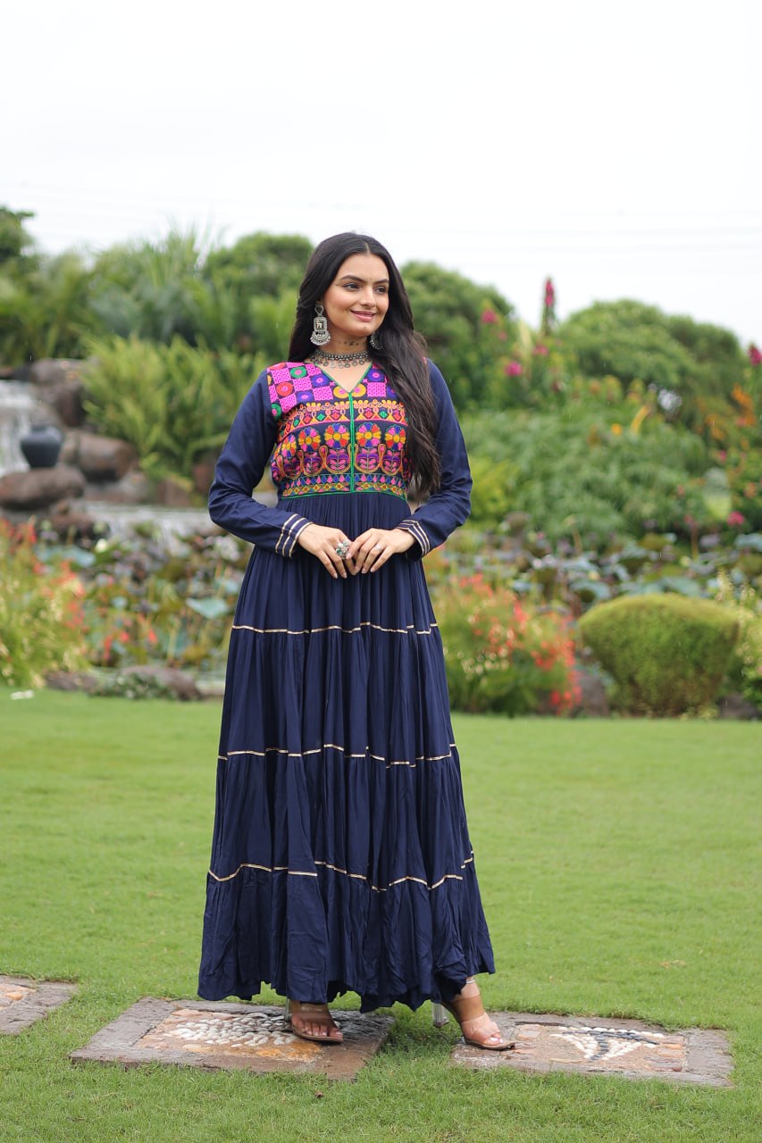 Navy Blue Navratri Special 14 Kg Reyon Gown with Kutchi Gamthi & Mirror Hand Work – 4-Layer Frill, 10+ Meter Flair