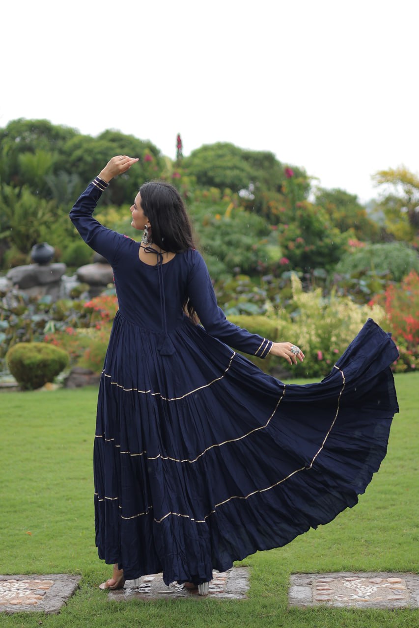 Navy Blue Navratri Special 14 Kg Reyon Gown with Kutchi Gamthi & Mirror Hand Work – 4-Layer Frill, 10+ Meter Flair