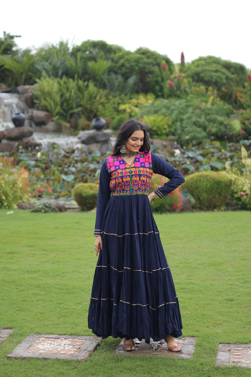 Navy Blue Navratri Special 14 Kg Reyon Gown with Kutchi Gamthi & Mirror Hand Work – 4-Layer Frill, 10+ Meter Flair