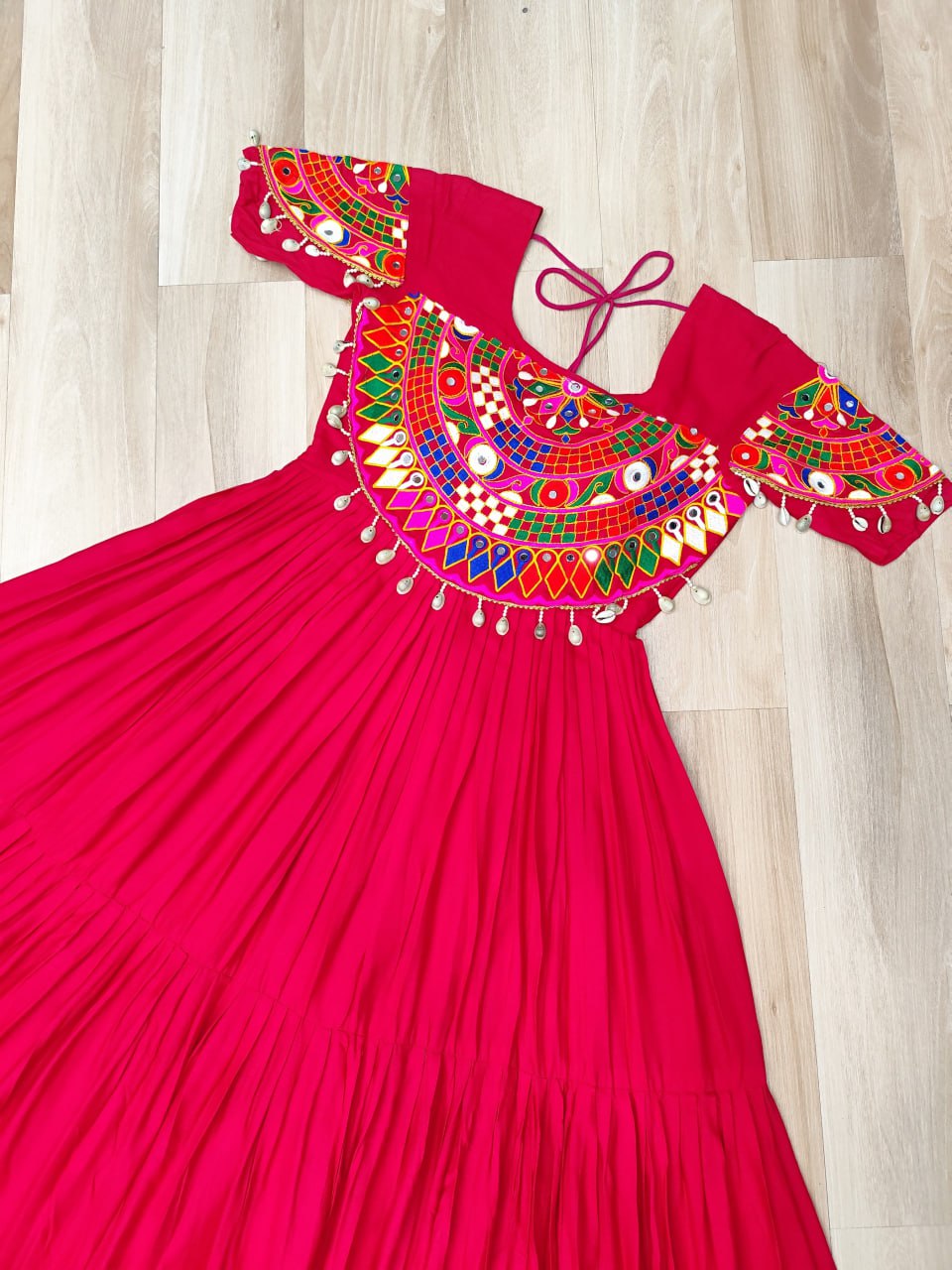 Rani Pink Navratri Special Kutchi Gamthi Work Rayon Gown with 3-Layer Frill & Cotton Lining