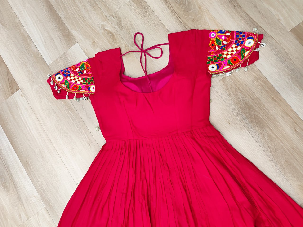 Rani Pink Navratri Special Kutchi Gamthi Work Rayon Gown with 3-Layer Frill & Cotton Lining