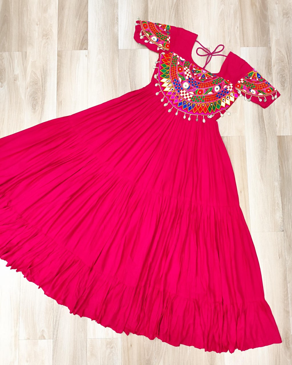 Rani Pink Navratri Special Kutchi Gamthi Work Rayon Gown with 3-Layer Frill & Cotton Lining