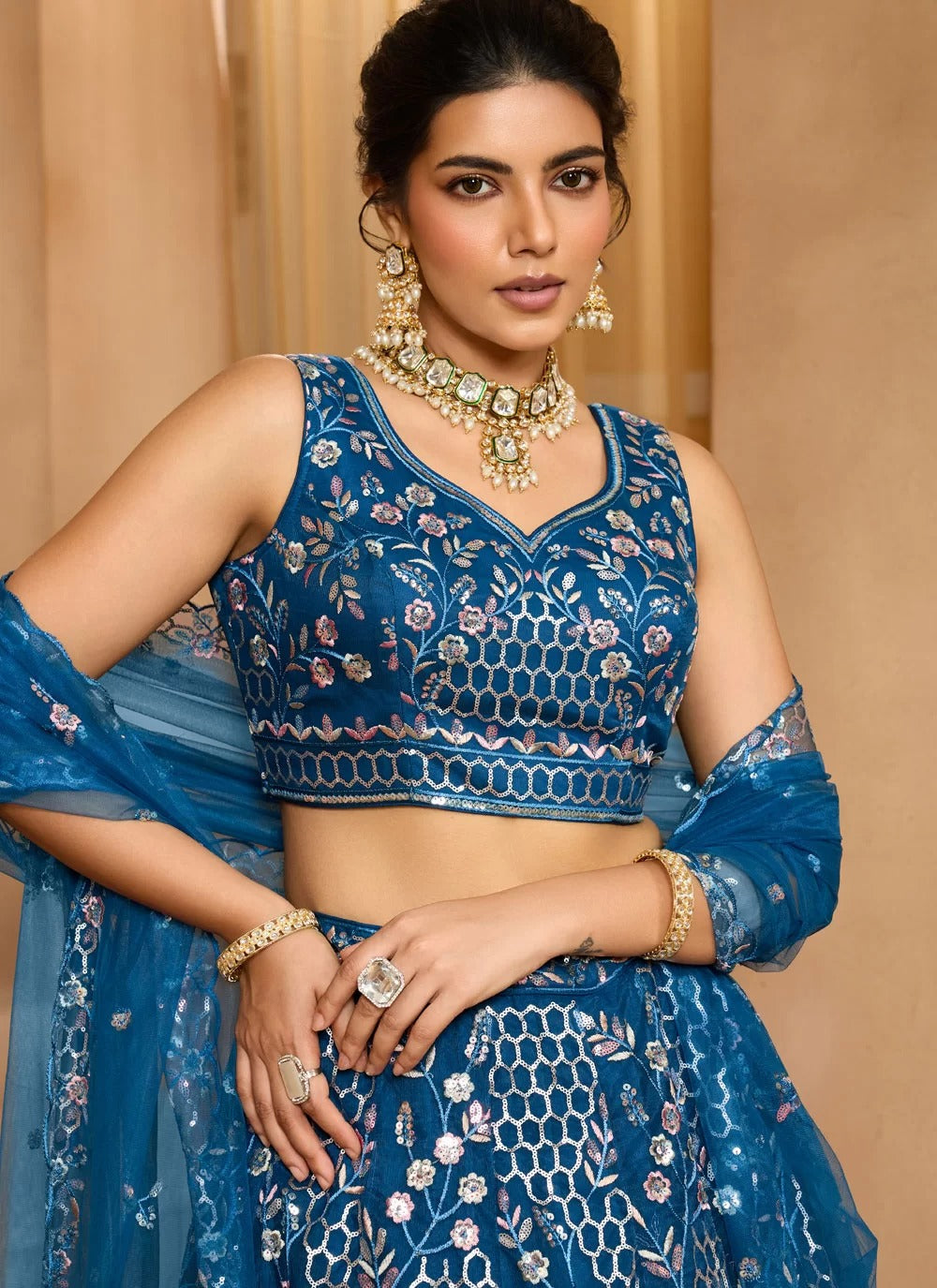 Navy blue net lehenga choli for cocktail nights sangeet evening functions