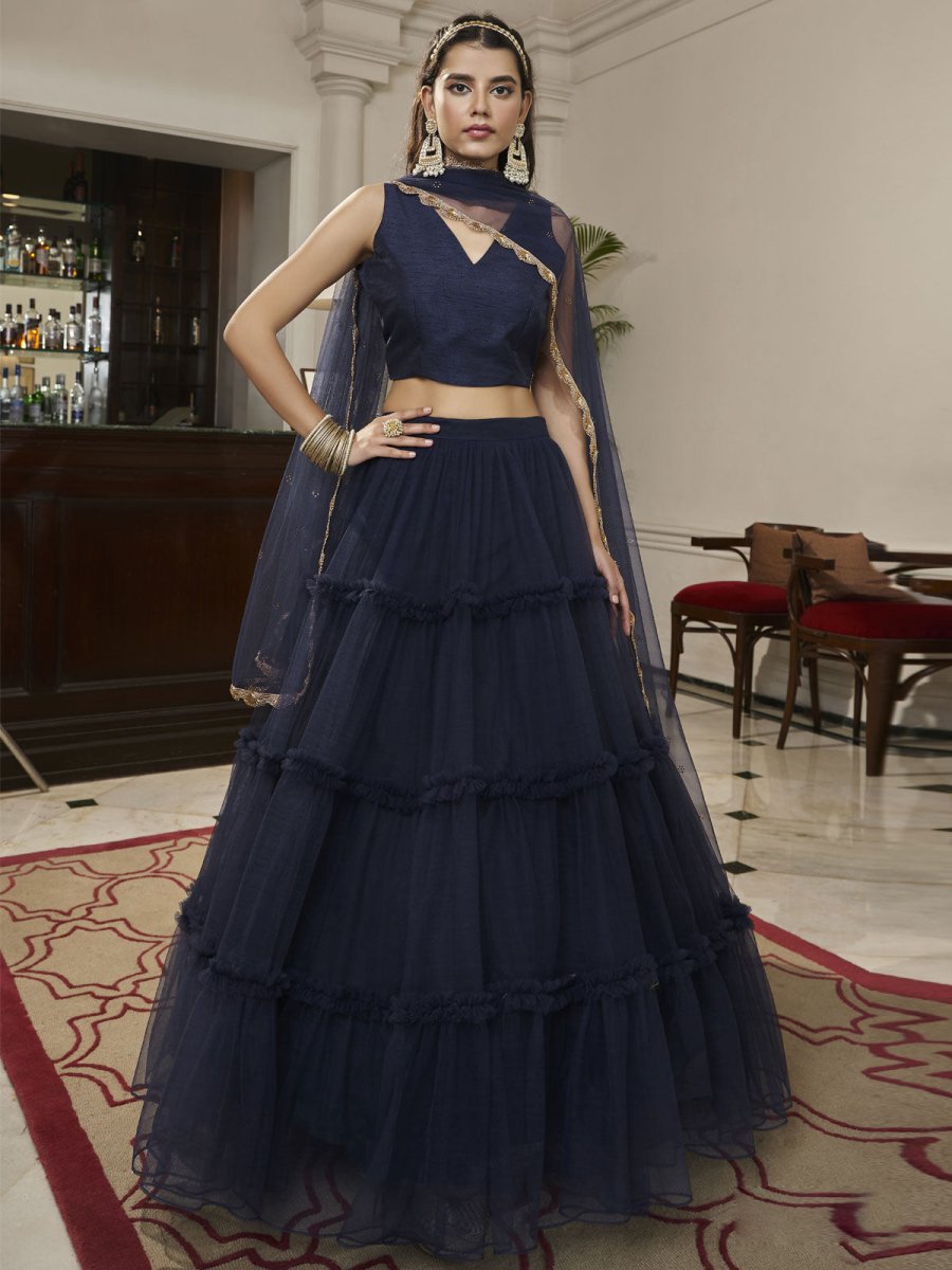 Navy Blue Net Embroidered Lehenga Choli