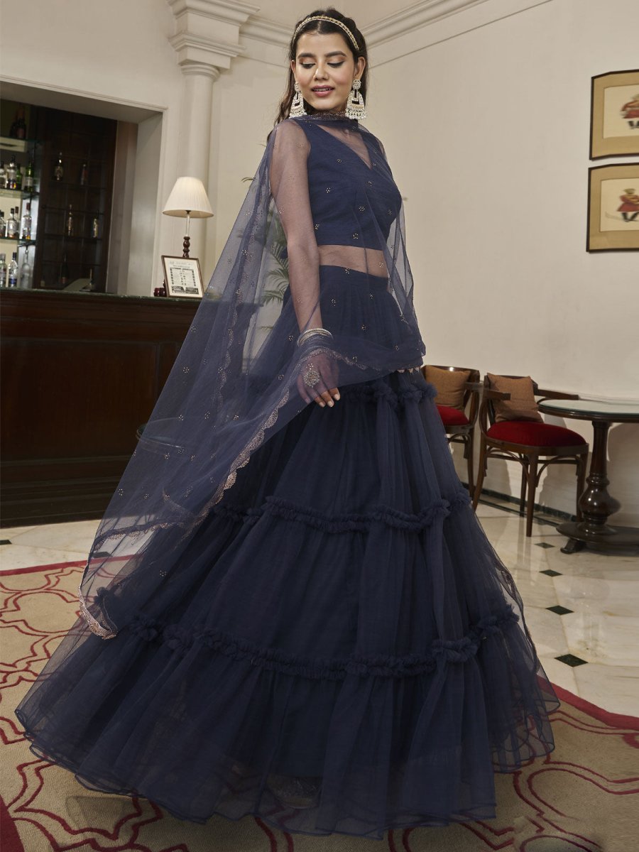 Navy Blue Net Embroidered Lehenga Choli