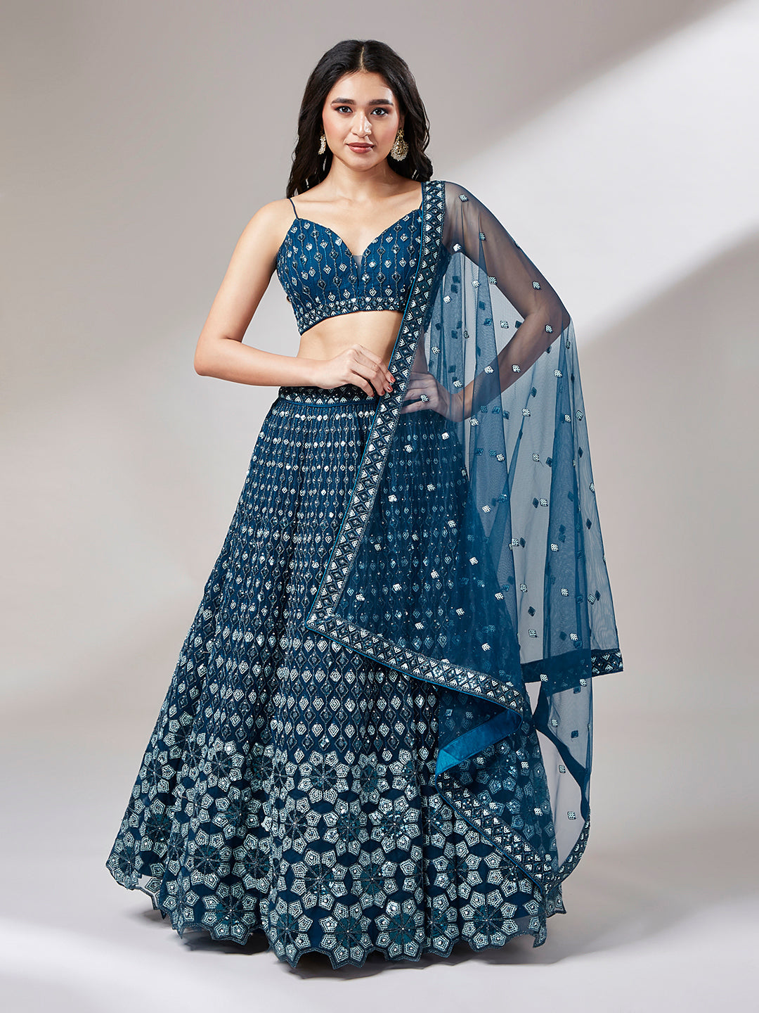 Navy Blue Net heavy Sequinse embroidery Semi-Stitched Lehenga choli & Dupatta