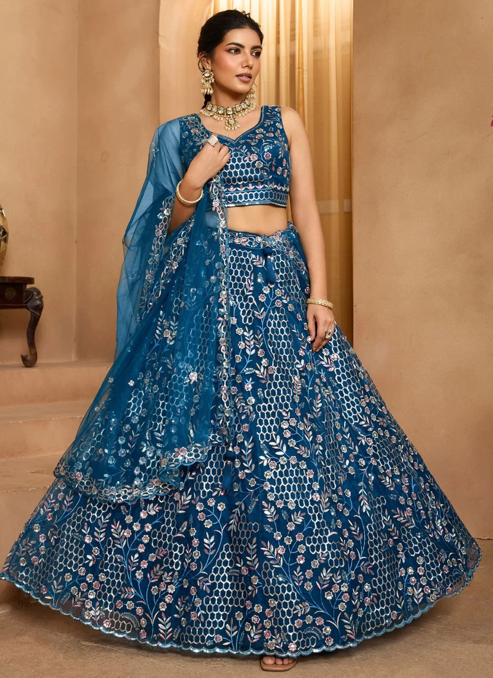 Navy blue net lehenga choli for cocktail nights sangeet evening functions