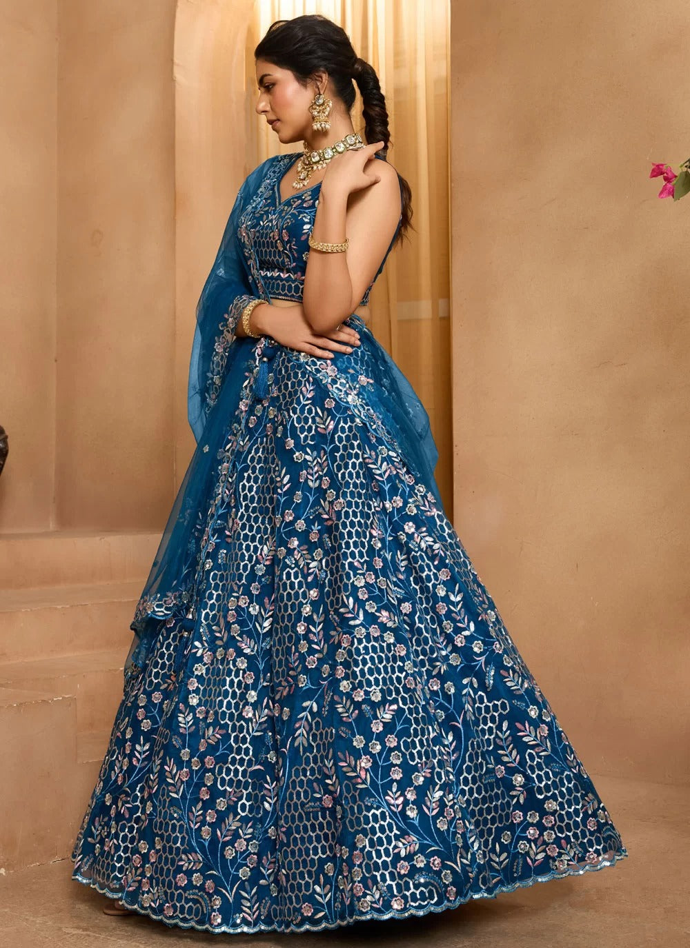 Navy blue net lehenga choli for cocktail nights sangeet evening functions