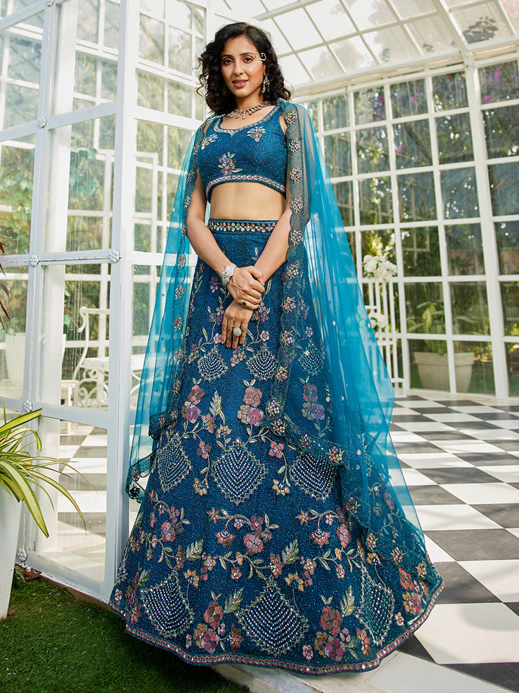 Navy Blue net with Coding & Zarkan embroidery Semi-Stitched Lehenga choli & Dupatta