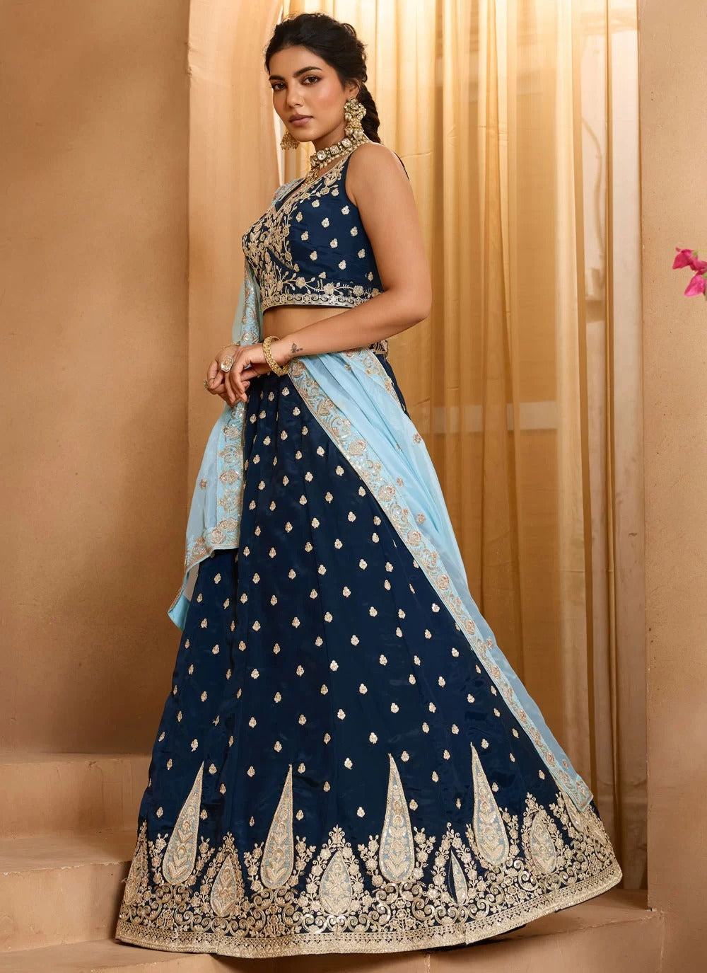 Navy blue embroidered wedding lehenga choli in organza with turquoise dupatta