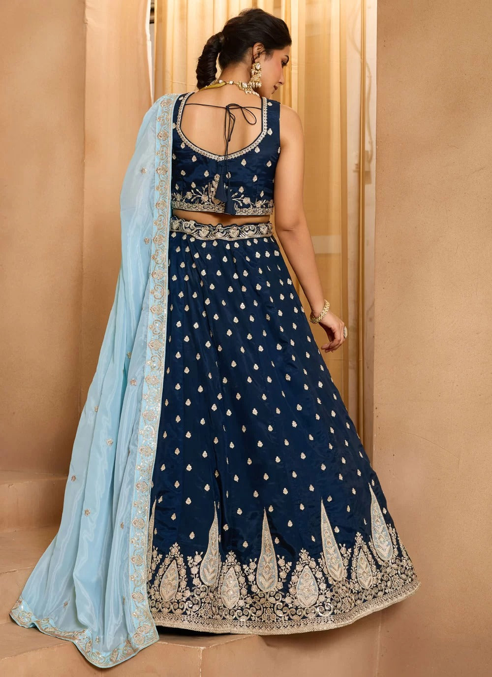Navy blue embroidered wedding lehenga choli in organza with turquoise dupatta