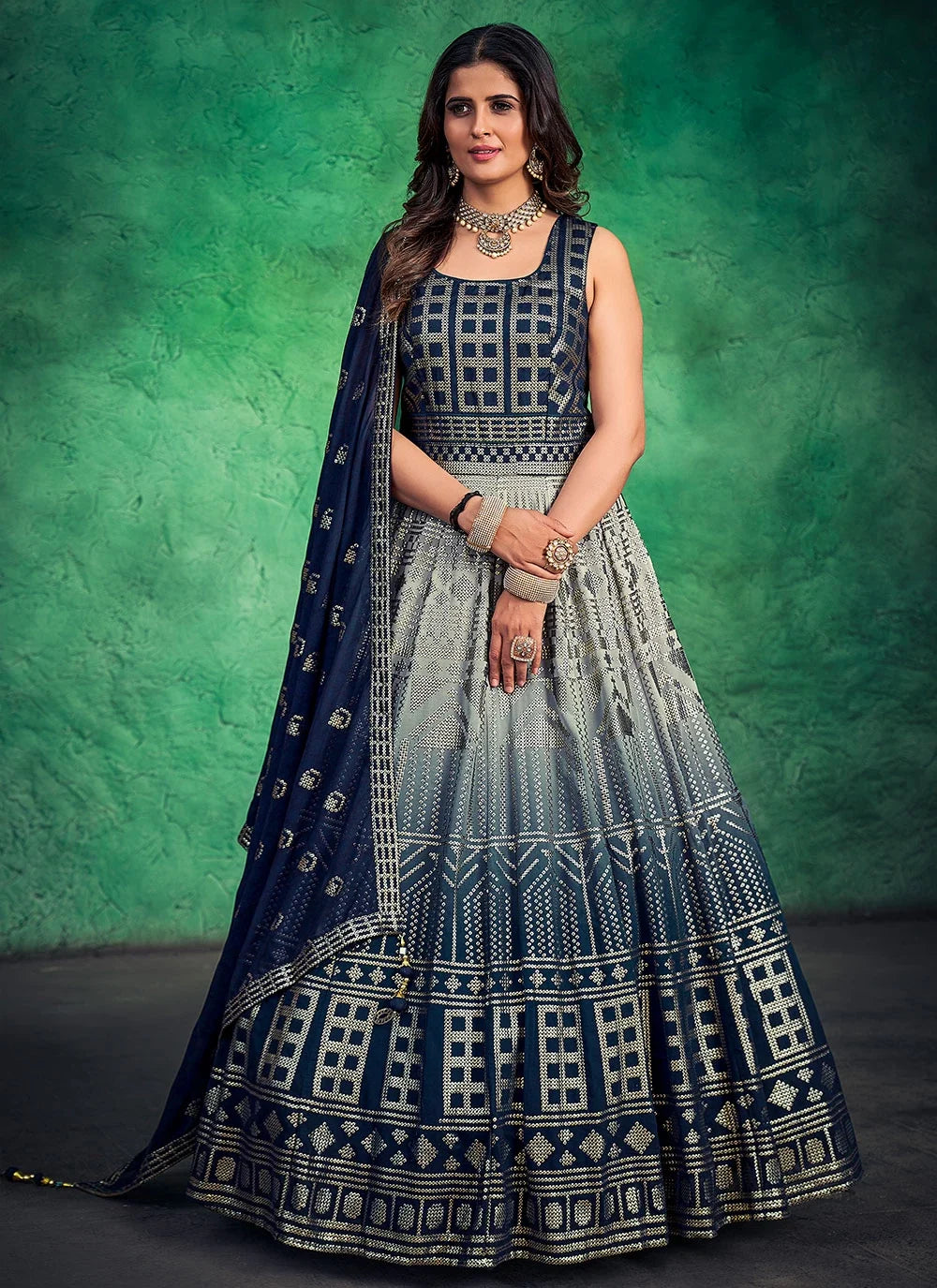 Navy Blue Pakistani Georgette Long Anarkali Gown For Indian Festivals & Weddings - Sequence Embroidery Work