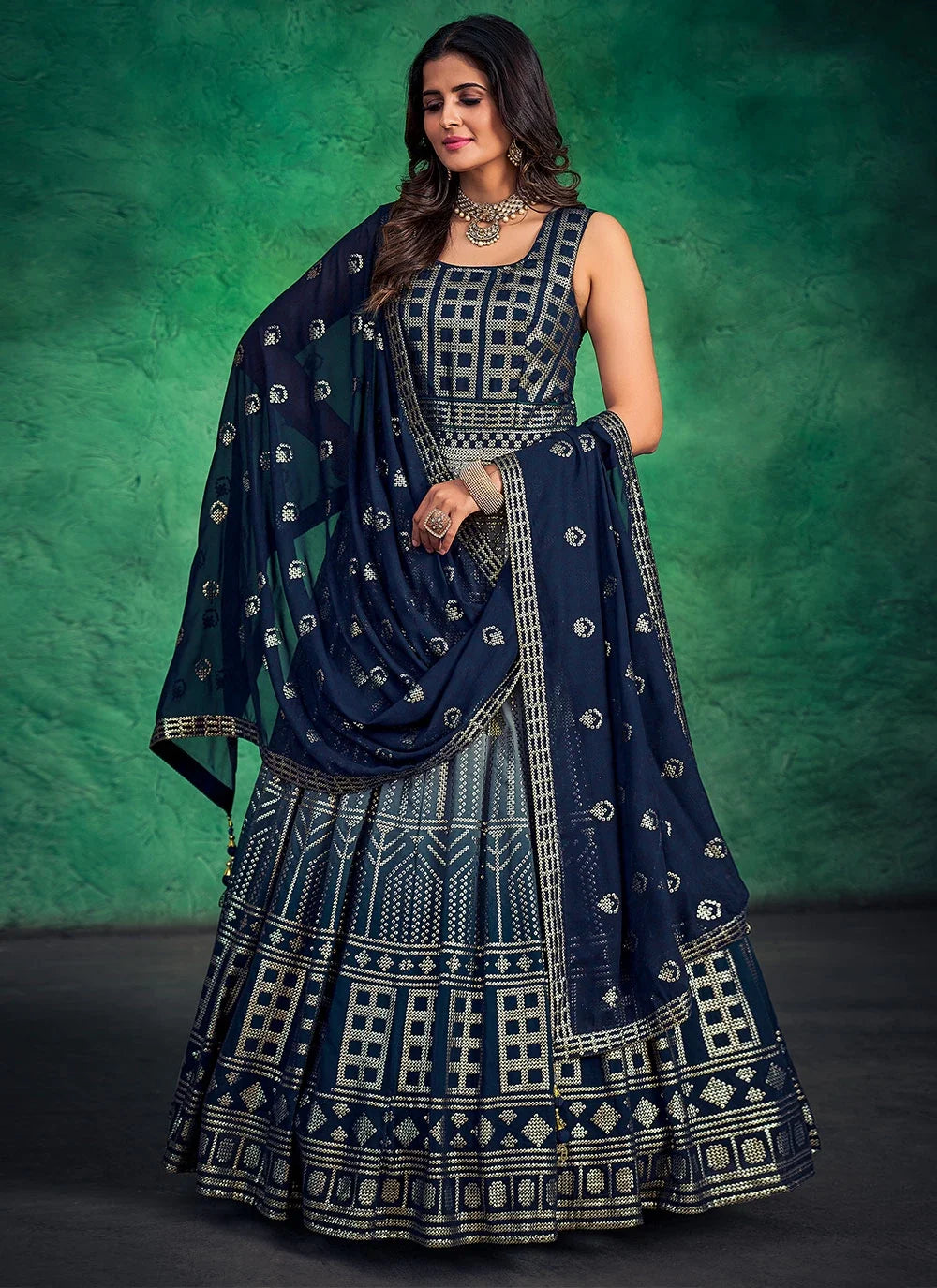 Navy Blue Pakistani Georgette Long Anarkali Gown For Indian Festivals & Weddings - Sequence Embroidery Work