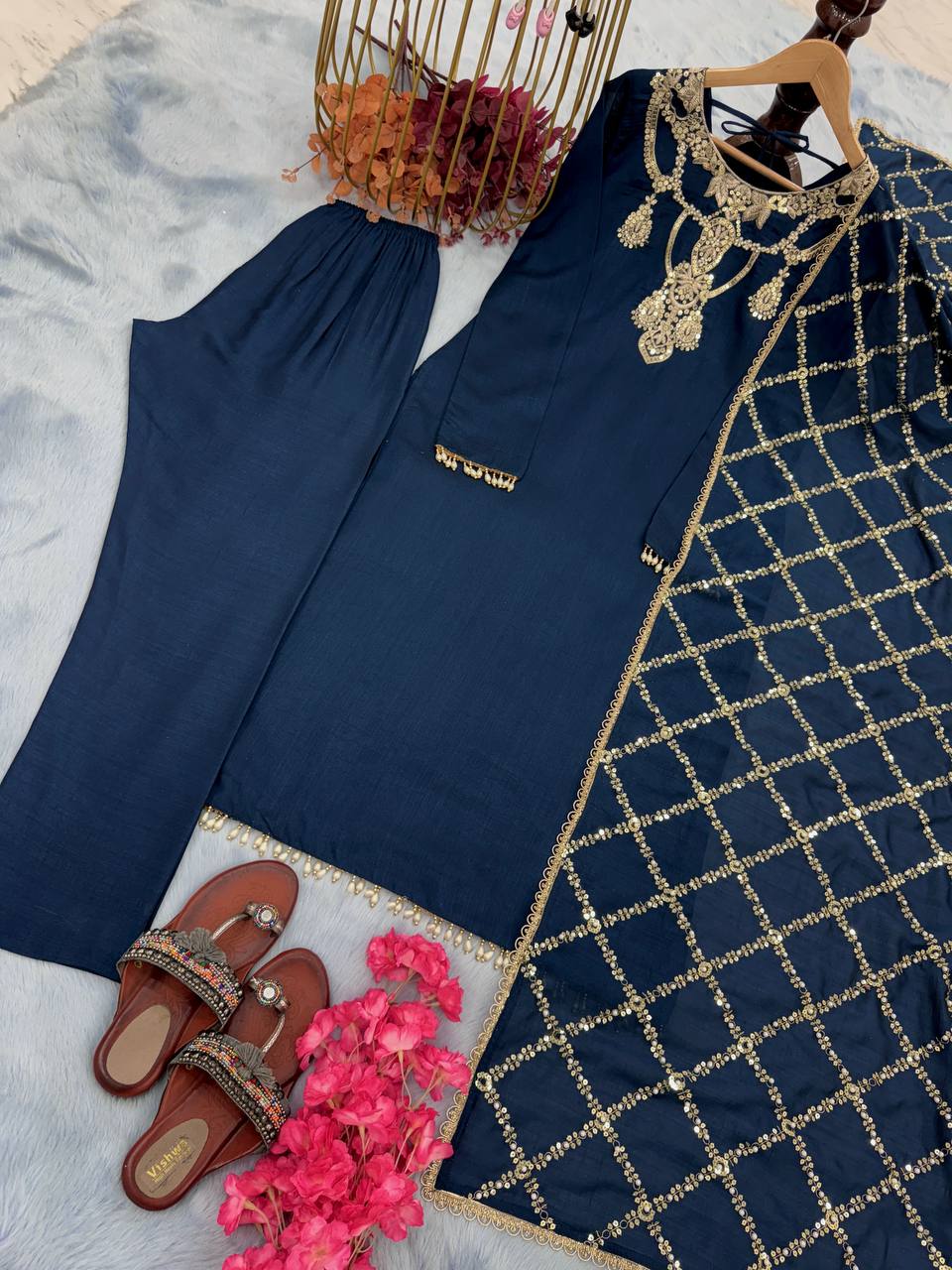 Navy Blue Premium Designer Readymade Top, Bottom & Dupatta Set – Elegant Party Wear Collection