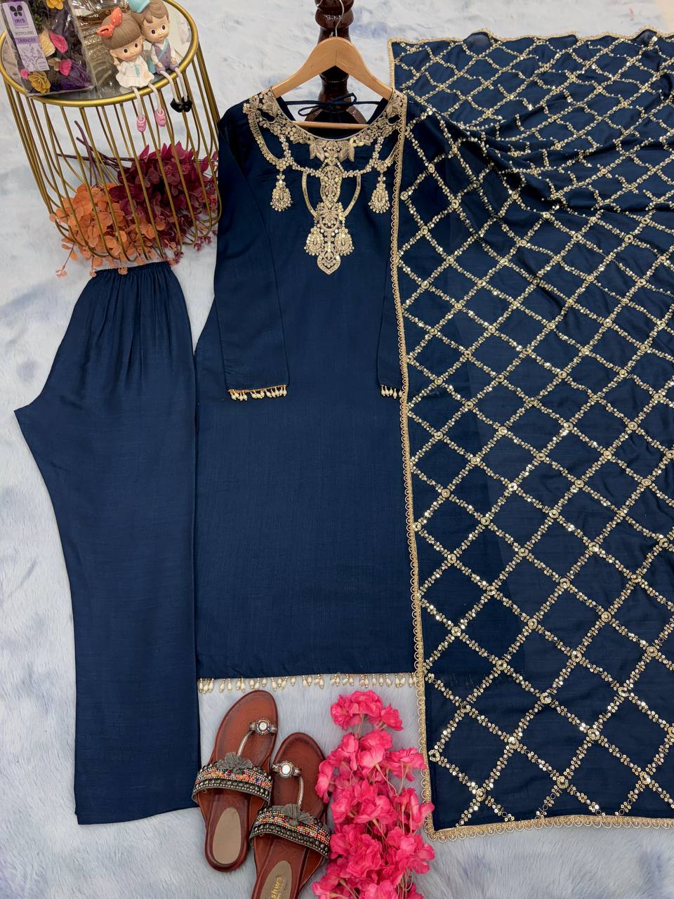 Navy Blue Premium Designer Readymade Top, Bottom & Dupatta Set – Elegant Party Wear Collection