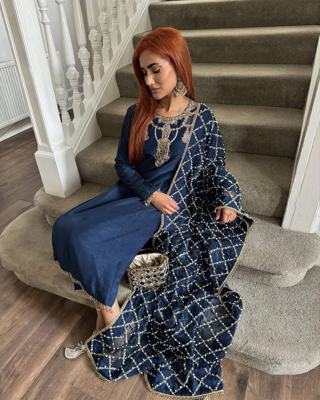 Navy Blue Premium Designer Readymade Top, Bottom & Dupatta Set – Elegant Party Wear Collection